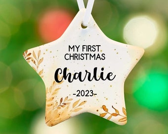 First Christmas Baby Star Ornament -  Name Gold Star Christmas Ornament - Baby Name Ornament - Personalized Porcelain Star Ornament