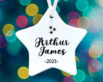 Personalized Star Christmas Ornament - Minimalist Name Star Ornament - Personalized Porcelain Holiday Christmas Ornament