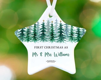 Personalized Star Ornament - First Christmas as Mr and Mrs - Winter Trees - Personalized Newlywed Christmas Tree Ornament - Just Married