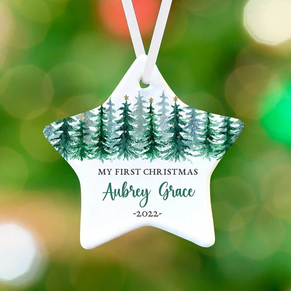 First Christmas Baby Ornament - Winter Trees Name Star Ornament - Baby Name Ornament - Personalized Porcelain Holiday Forest Ornament