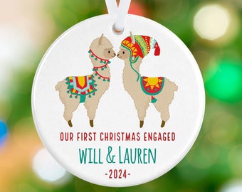 Engaged Couple Alpaca Ornament - Festive Alpacas - Personalized Ceramic Engagement Christmas Tree Ornament  -Fiance Llama Christmas Ornament