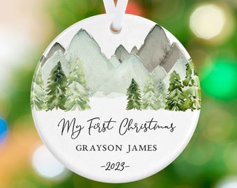 First Christmas Baby Ornament - Mountains Name Ornament - Baby Name Ornament - Personalized Porcelain Holiday Forest Ornament