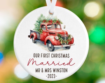 Personalized Newlywed Christmas Ornament - First Christmas Married - Christmas Red Truck Ornament - Personalized Newlywed Christmas Ornament