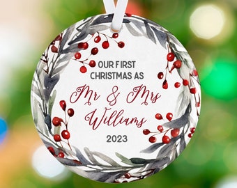 First Christmas Married Ornament - Newlywed Wedding Ornament - Anniversary Ornament - Porcelain Newlywed Holiday Ornament