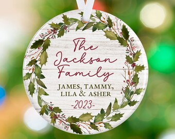 Family Christmas Ornament - Name Ornament - Personalized Porcelain New Family Ornament - Wreath Holly Ornament Neighbor, Friends Gift