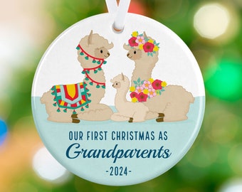 New Grandparents Ornament -  Alpaca Family Ornament - Personalized Porcelain Holiday Ornament- Newborn Grandma & Grandpa Gift Ornament