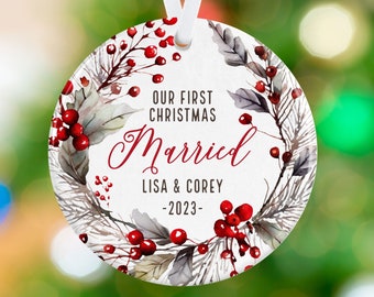 Newlywed Ornament - Wedding Ornament - Winter Holly Red Berry Wreath Ornament - Husband & Wife Ornament Gift  - Just Married Ornament