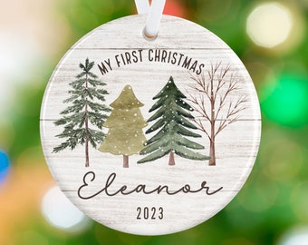 First Christmas Baby Ornament - Winter Trees Name Ornament - Baby Name Ornament - Personalized Porcelain Holiday Forest Ornament