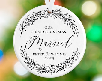 First Christmas Married Ornament - Minimalist Wreath Newlywed Ornament -- Personalized Porcelain Ceramic Holiday Ornament - Couples Gift