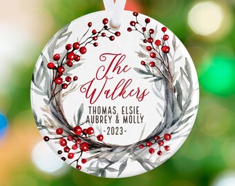 Personalized Family Christmas Ornament - Christmas Wreath Ornament - Family Ornament - Name Ornament - Porcelain Holiday Ornament