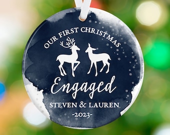 Engagement Christmas Ornament - Engaged Ornament - Personalized Porcelain Engaged Holiday Ornament - Navy Watercolor Deer Ornament