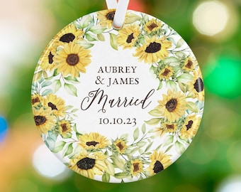 Sunflower Wedding Ornament - Married Christmas Ornament - Personalized Porcelain Newlywed Holiday Ornament - Marriage Anniversary Ornament