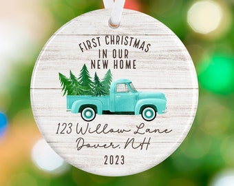 First Home Ornament - Housewarming Ornament - Christmas Truck Ornament - Personalized Porcelain New Homeowners Ornament - Real Estate Gift