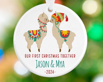 Couple Christmas Ornament - Festive Alpacas - Personalized Porcelain First Christmas Together Holiday - New Llama Couple - Alpaca Ornament