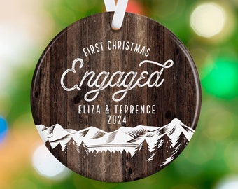 Personalized Engaged Ornament - First Christmas Engaged - Rustic Mountains Ceramic Ornament - Engagement Christmas Tree Ornament