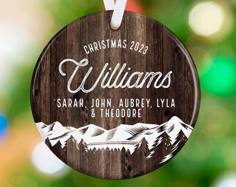 Annual Family Christmas Ornament - Rustic Mountains Ceramic Ornament - Personalized Family Christmas Tree Ornament - Family Ornament