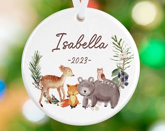 Personalized Name Animal Christmas Ornament - Baby Christmas Gift - Personalized Child Christmas Tree Ornament - Deer, Bear, Fox Ornament