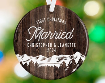 First Christmas Married Ornament - Winter Mountain Ornament - Personalized Newlywed Christmas Tree Ornament - Just Married Ornament Gift