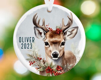 Personalized Name Christmas Ornament - Baby Deer Ornament - Deer Christmas Ornament - Porcelain Holiday Gift- Child Deer Christmas Gift