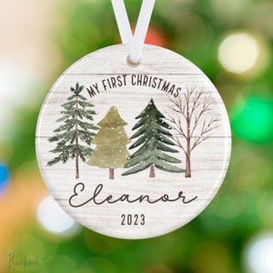 First Christmas Baby Ornament - Winter Trees Name Ornament - Baby Name Ornament - Personalized Porcelain Holiday Forest Ornament