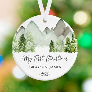 First Christmas Baby Ornament - Mountains Name Ornament - Baby Name Ornament - Personalized Porcelain Holiday Forest Ornament