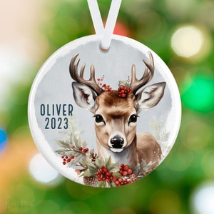 Personalized Name Christmas Ornament - Baby Deer Ornament - Deer Christmas Ornament - Porcelain Holiday Gift- Child Deer Christmas Gift