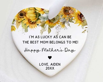 Mother's Day Gift - Personalized New Mother Gift - New Mom Ceramic Heart Ornament - Best Mom Ever Keepsake - Sunflowers Mother Ceramic Heart