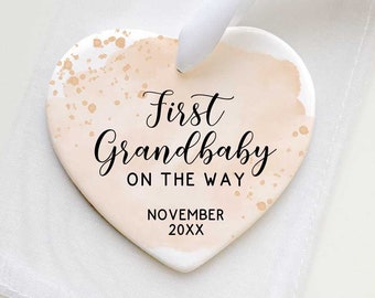 Pregnancy Announcement Grandparents - First Grandchild Keepsake - Personalized New Grandma Gift - Ceramic Heart Ornament - Pregnancy Reveal