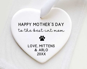 Mother's Day Gift For Cat Mom- Personalized Pet Mom Gift - New Dog Mom Ceramic Heart Ornament - Best Cat Mom Ever Keepsake -New Cat Mom Gift