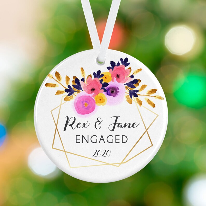 First Christmas Engaged Watercolor Flowers Personalized Engagement Christmas Tree Ornament Personalized Engaged Christmas Ornament