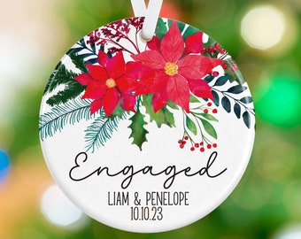 Engaged Christmas Ornament - Personalized Engagement Ceramic Holiday Ornament - Christmas Flowers Ornament
