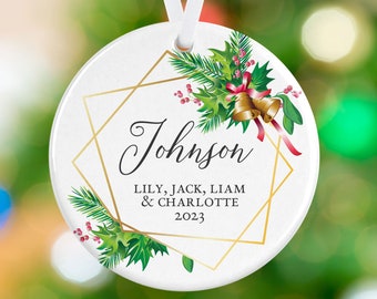 Personalized Family Name Ornament - Jingle Bells & Holly Ornament - Personalized Family Christmas Tree Ornament - Family Ornament Gift