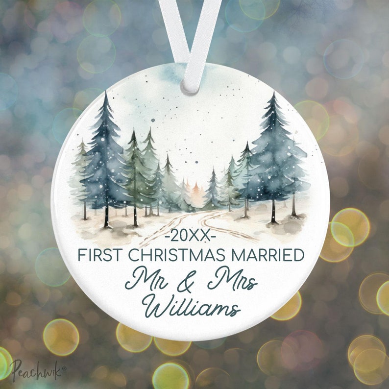 First Christmas Married Ornament Christmas Forest Trees Mountains Ornament Personalized Newlyweds Married Holiday Gift Ornament image 3