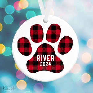 Personalized Pet Christmas Ornament Dog or Cat Plaid Paw Print Ornament Porcelain Ceramic Holiday Ornament image 4