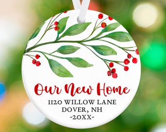 New Home Christmas Ornament - Mistletoe Holly Christmas Ornament - Custom Personalized Porcelain Ceramic Housewarming Holiday Gift