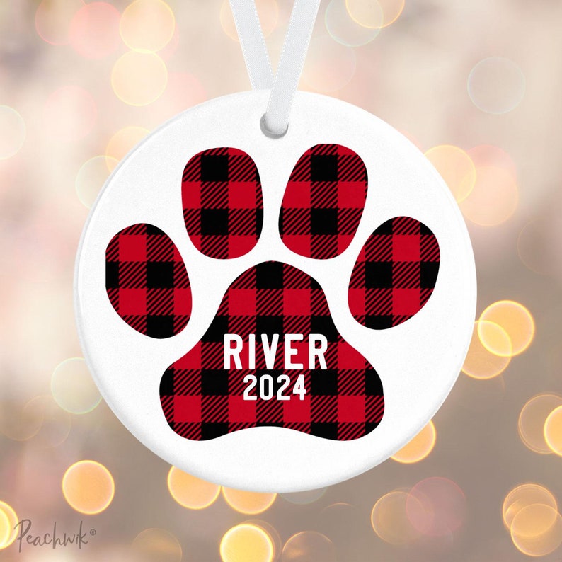 Personalized Pet Christmas Ornament Dog or Cat Plaid Paw Print Ornament Porcelain Ceramic Holiday Ornament image 2