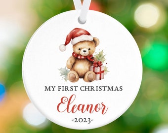 My First Christmas Ornament - Baby's First Christmas Ornament - Teddy Bear Christmas Ornament - Personalized Name Porcelain Holiday Gift