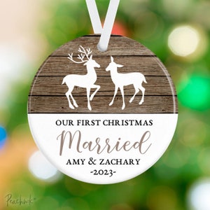 First Christmas Married Ornament - Newlywed Deer Ornament - Personalized Porcelain Newlywed Holiday Ornament  - Just Married Ornament