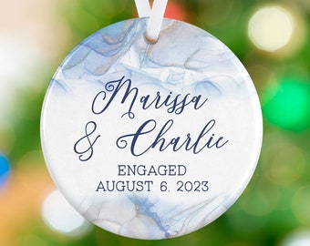 First Christmas Engaged Marble Ornament - Couple Gift - Personalized Porcelain Engagement Holiday Ornament  - New Fiance Christmas Gift