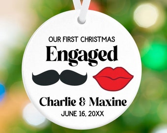 First Christmas Engaged Ornament - Red Lips and Mustache - Personalized Custom Names Porcelain Newlyweds Holiday Gift