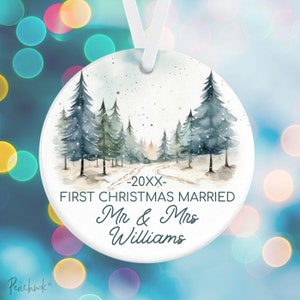 First Christmas Married Ornament Christmas Forest Trees Mountains Ornament Personalized Newlyweds Married Holiday Gift Ornament image 2