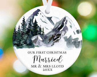 Newlywed Christmas Ornament - First Christmas Married Personalized Ornament - Mountains Couple Holiday Ornament Gift