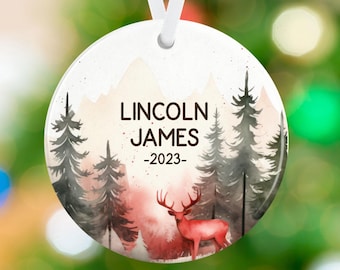 Personalized Name Christmas Ornament - Deer Ornament - New Baby Ornament- Porcelain Ornament Holiday Hunter Forest Gift Ornament
