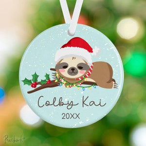 Sloth Christmas Ornament - Name Sloth Ornament - Newborn Baby Ornament - Personalized Name Porcelain Ceramic Holiday Gift