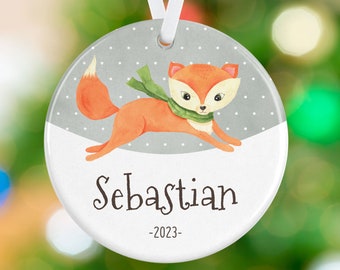 Personalized Name Christmas Ornament - Little Fox Child Ornament - New Baby Ornament - Porcelain Ornament Holiday Gift Ornament