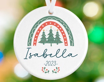Rainbow Tree Ornament - Personalized Name Christmas Ornament - New Baby Ornament - Porcelain Ornament Holiday Gift - Name Ornament