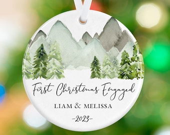 Engagement Ornament - Our First Christmas Engaged Ornament - Mountains Ornament - Personalized Porcelain Holiday Forest Tree Couple Ornament
