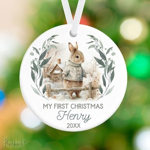 My First Christmas Ornament - Bunny Rabbit Ornament - Newborn Baby Ornament - Personalized Name Porcelain Fairytale Ornament Gift