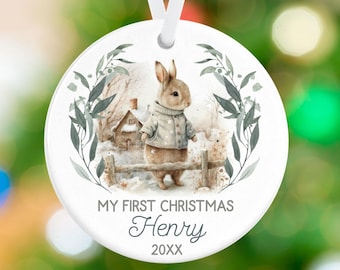 My First Christmas Ornament - Bunny Rabbit Ornament - Newborn Baby Ornament - Personalized Name Porcelain Fairytale Ornament Gift