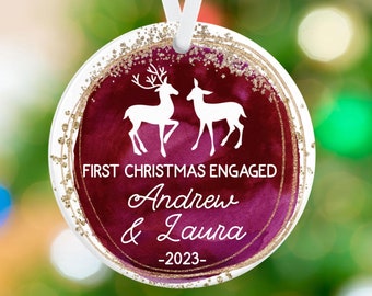 First Christmas Engaged Ornament - Engagement Ornament - Deer - Personalized Porcelain Ornament - Engagement Gift - Christmas Tree Ornament